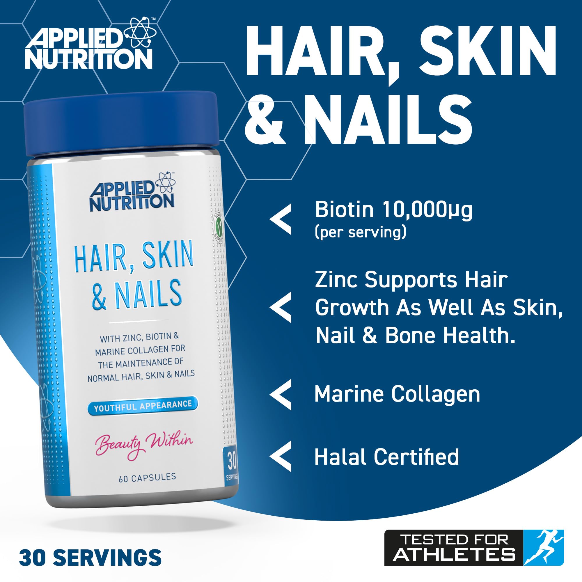 Applied Nutrition Hair, Skin & Nails, (BİOTİN+B12+MAGNESİUM OXİD+GRAPE+COLLAGEN+FOLİC ACİD 60 Caps - Görsel 2