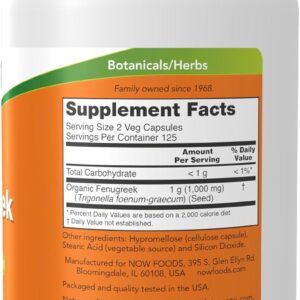 NOW Organic Fenugreek Çemen tozu ekstrat Trigonella foenum-graecum 500 mg 250 Veg Capsules