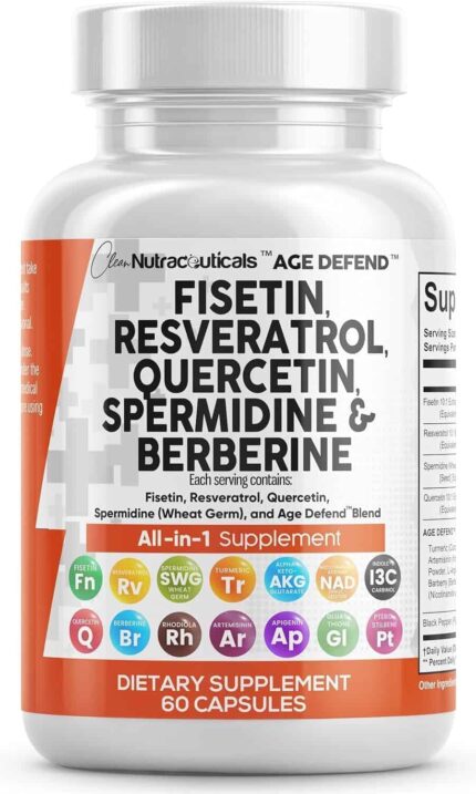 Clean Nutraceuticals Fisetin Quercetin Resveratrol Spermidine - Longevity with NAD Berberine Apigenin Anti Aging Cellular Health Support Caps 60