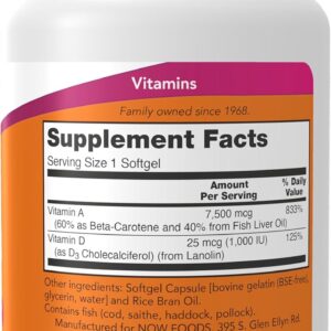 NOW Foods Vitamin  Ultra A & D3 25,000/1,000 IU Eye Health Essential Nutrition 100 Softgels