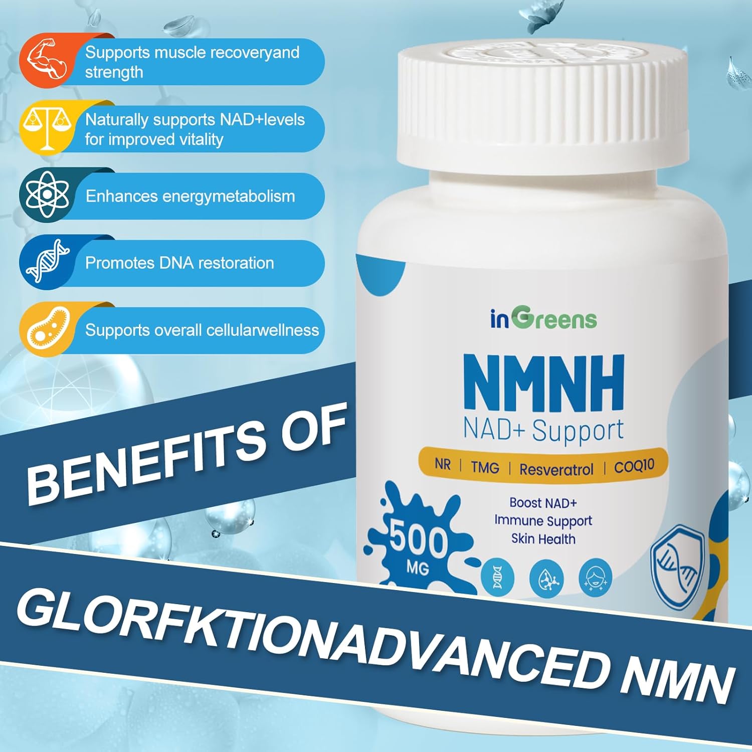 inGreens NMNH Alternative with TMG, Resveratrol, COQ10, NAD Anti Aging, Energy, Boost 500mg 60 Caps