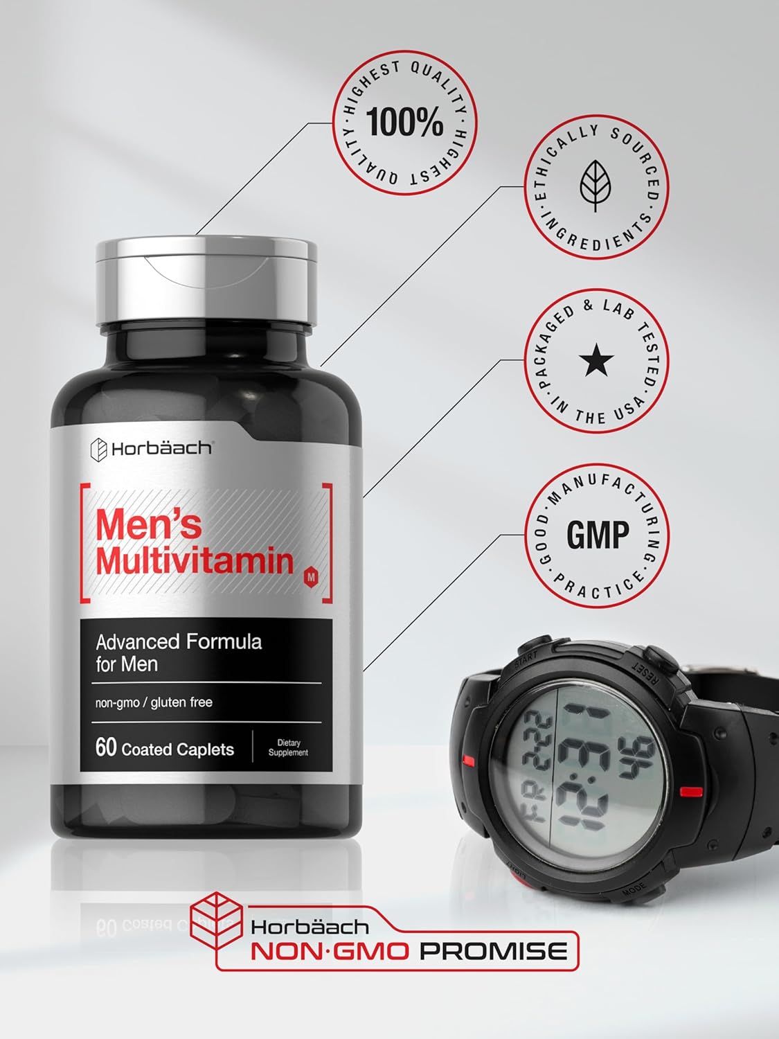 Horbäach Mens Multivitamin with Vitamin C, D, Magnesium, Minerals 60 Caplets - Görsel 2