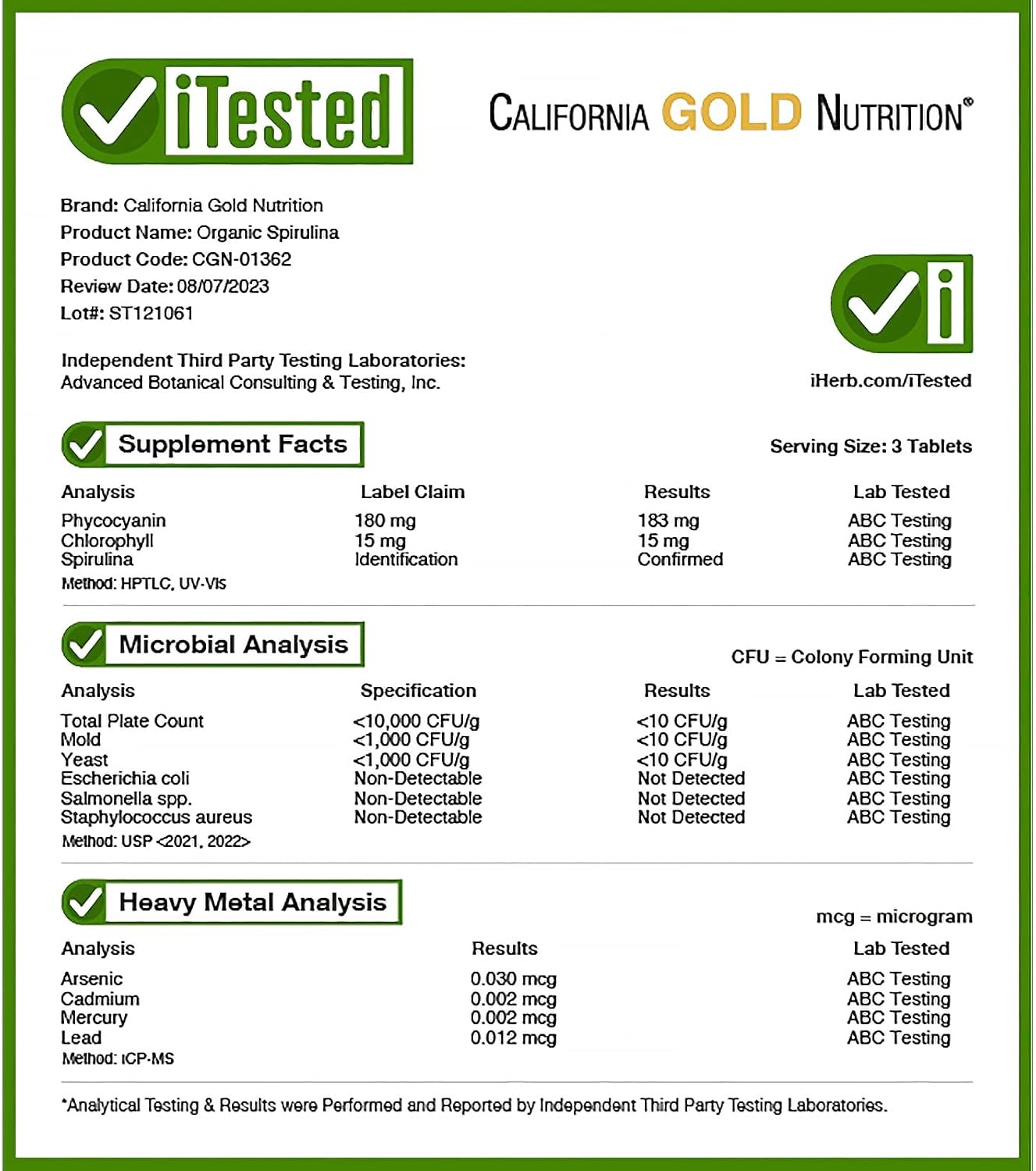 California Gold Nutrition Organic Spirulina Greens & Superfoods Antioxidant Support 240 Tablets - Görsel 3