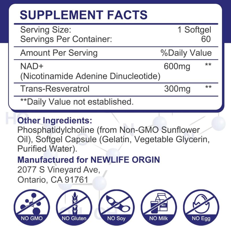inGreens Liposomal NAD+ 900 mg Trans Resveratrol NMN Aging Defense, Energy, Longevity 60 Softgels - Görsel 6