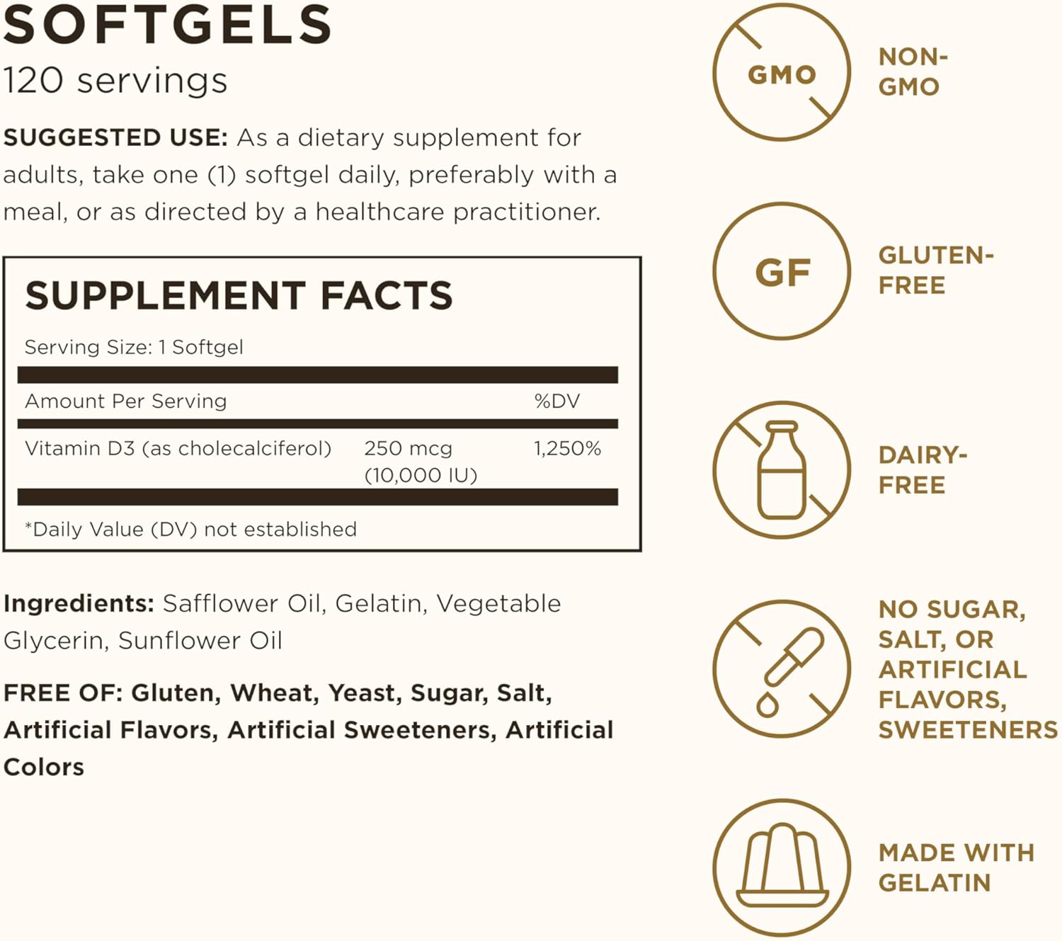 Solgar Vitamin D3 (Cholecalciferol) 250 MCG (10,000 IU) 120 Softgels - Görsel 2