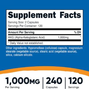 Nutricost AKG Alpha Ketoglutaric Acid Supplement 1,000 mg, 240 Capsules, 120 Servings Per Bottle – Powerful Precursor to Glutamine & Arginine, Energy Support
