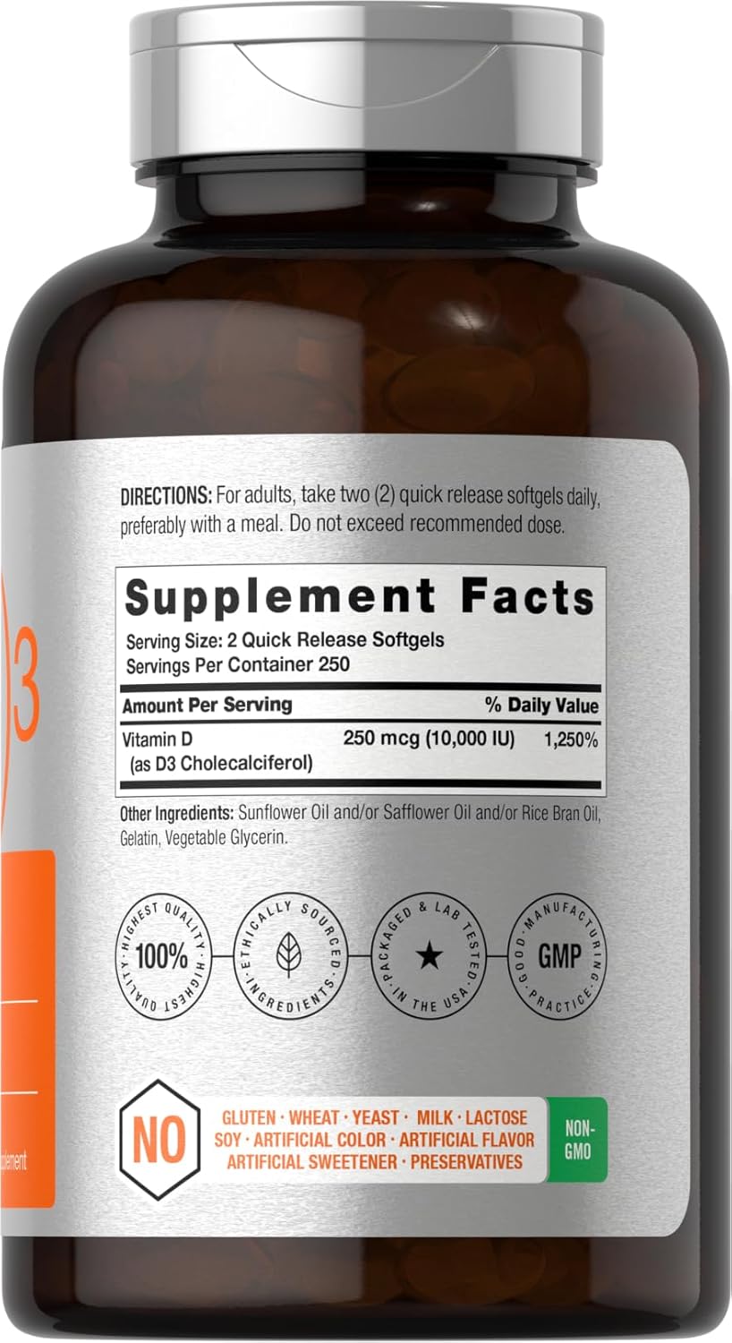 Horbäach Vitamin D3 10000 IU | 500 Softgels | Non-GMO, Gluten Free Supplement | Value Size | 250mcg | High Potency Formula - Görsel 3
