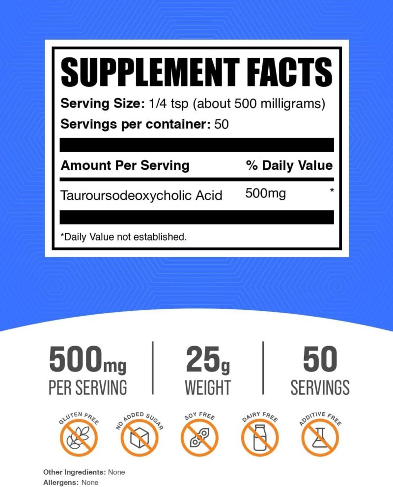 BulkSupplements TUDCA Tauroursodeoxycholic Acid Liver Powder 500mg 25 Gr 50 Servis - Görsel 3