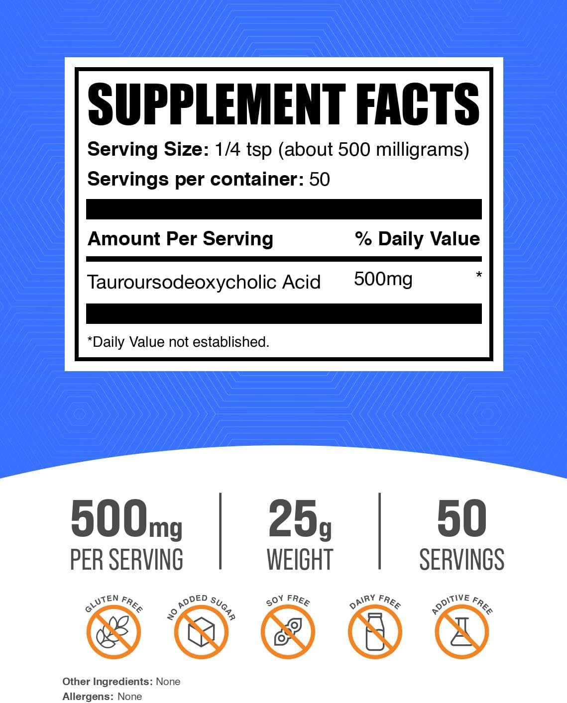 BulkSupplements TUDCA Tauroursodeoxycholic Acid Liver Powder 500mg 25 Gr 50 Servis - Görsel 3