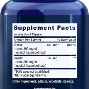 Life Extension No Flush Niacin İnositol B3 Heart Health Cholesterol Energy Support 640 mg 100 Caps