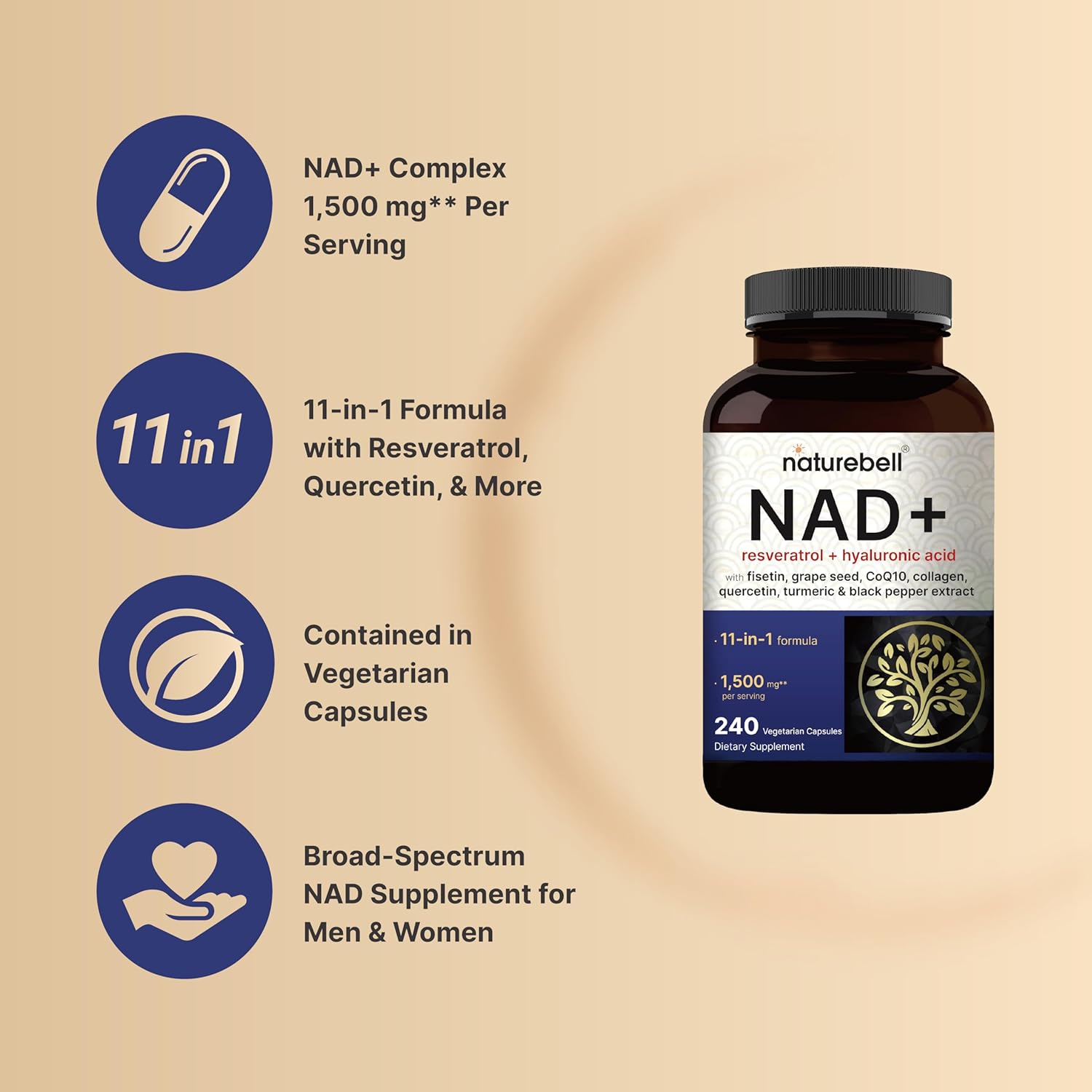 NatureBell NAD+ 11-in-1 Complex 1,500 mg NMN Alternative Resveratrol CoQ10 Hyaluronic Acid, Fisetin 240 Veggie Caps - Görsel 2