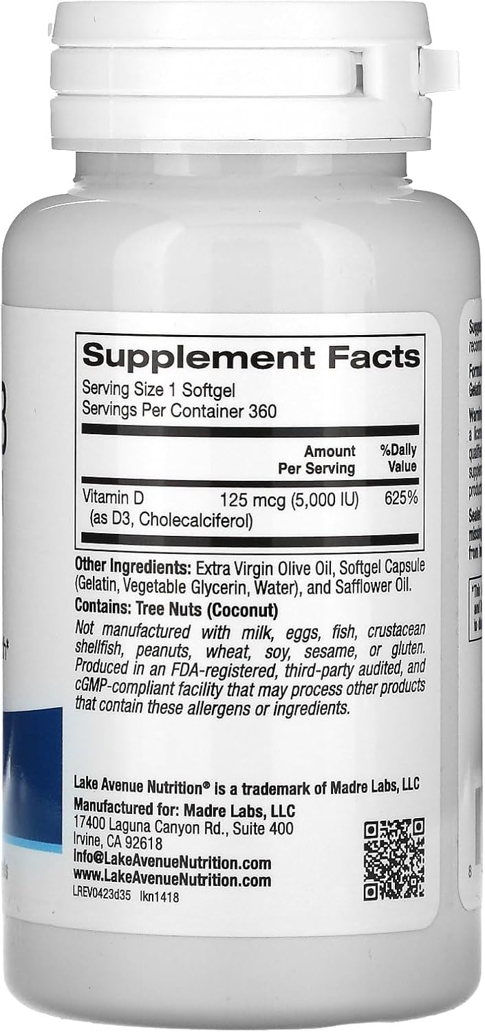Lake Avenue Vitamin D3 Immune System Bone Health 5000 IU 360 Softgels - Görsel 2