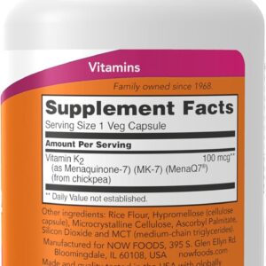 NOW Foods MK-7 Vitamin K-2 100 mcg Cardiovascular Support Supports Bone Health 60 Veg