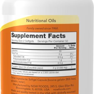 NOW Pumpkin Seed Oil 1000 mg with Essential Fatty Acids and Phytosterols Cold Pressed 100 Softgels