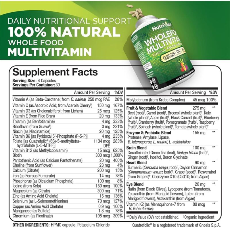 Nutrivein Whole Food Multivitamin Men & Women (Folate+Niacin+Biotin+Molybdenum 120 Caps - Görsel 3