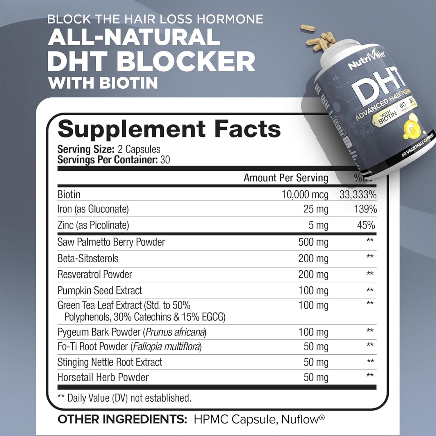 Nutrivein DHT Blocker with Biotin Hair Supplement Saw palmetto+Resveratrol 60 Caps