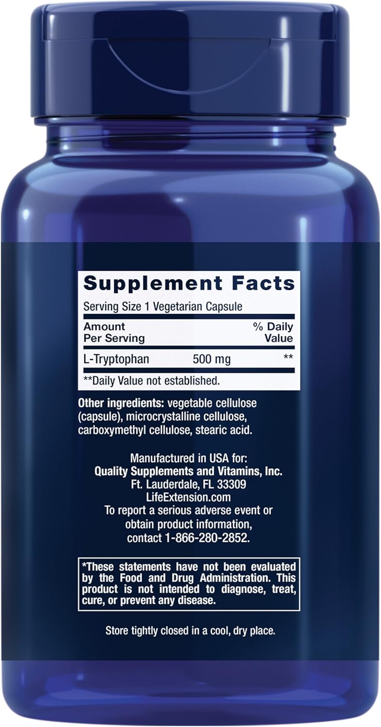Life Extension L-Tryptophan 500 mg Serotonin Levels Sleep Mood, Stress Response 90 Vege Caps - Görsel 2