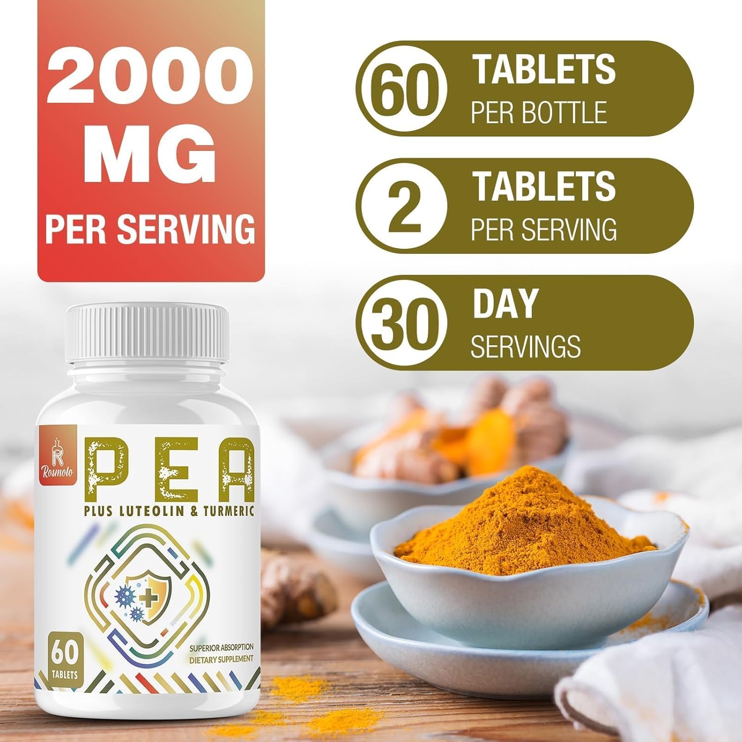 Rosmolo 1500 MG Palmitoylethanolamide with Luteolin 98% & Turmeric 60 Tablet - Görsel 2