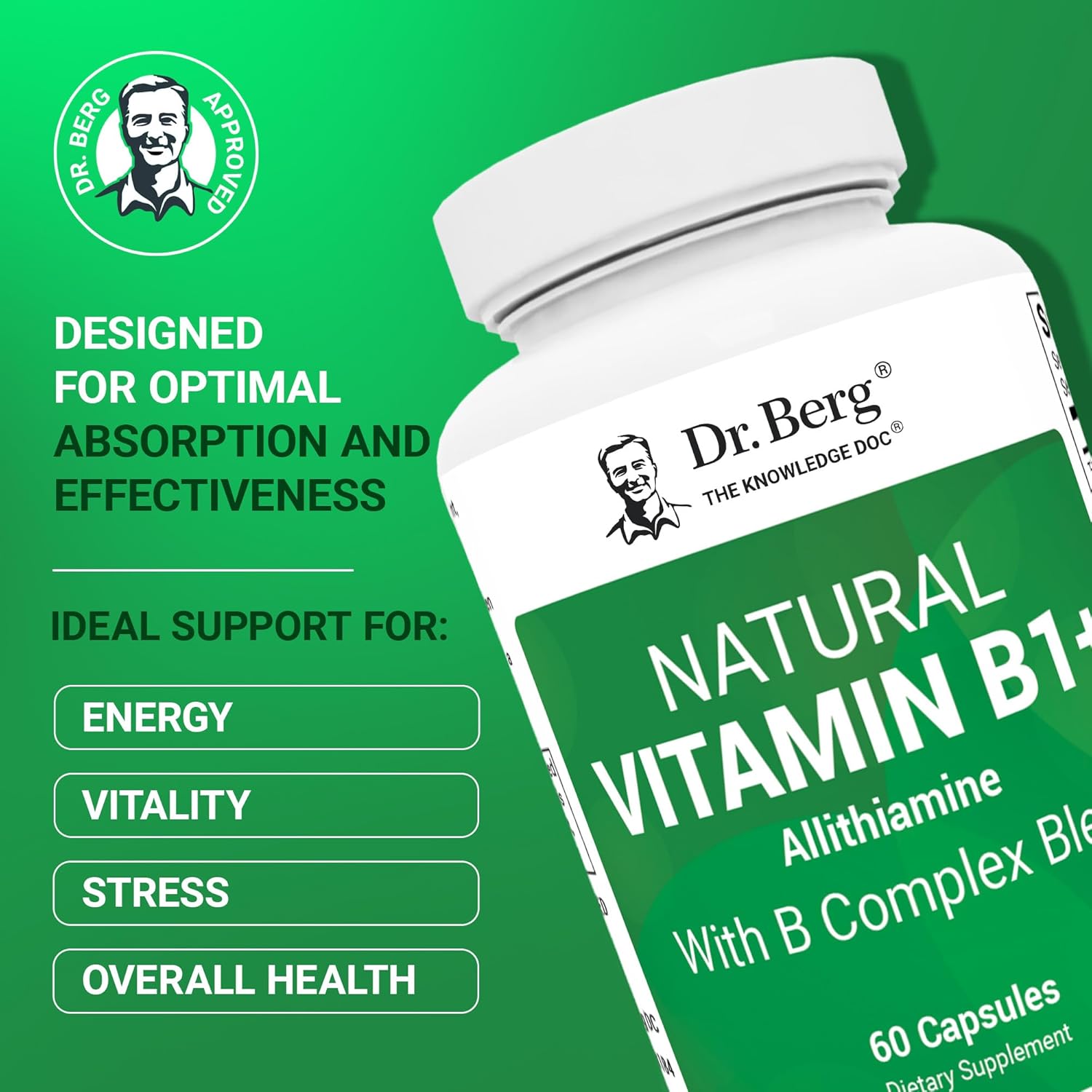 Dr. Berg Natural Vitamin B1 B6 B12 Complex Allithiamine Vitamin B1 Thiamin, Niacin, Folate, Magnesium & More - 60 Caps - Görsel 2