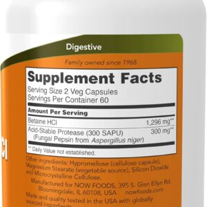 NOW Foods Betaine HCl 648 mg Vegetarian Formula Digestive Support 120 Veg Capsules