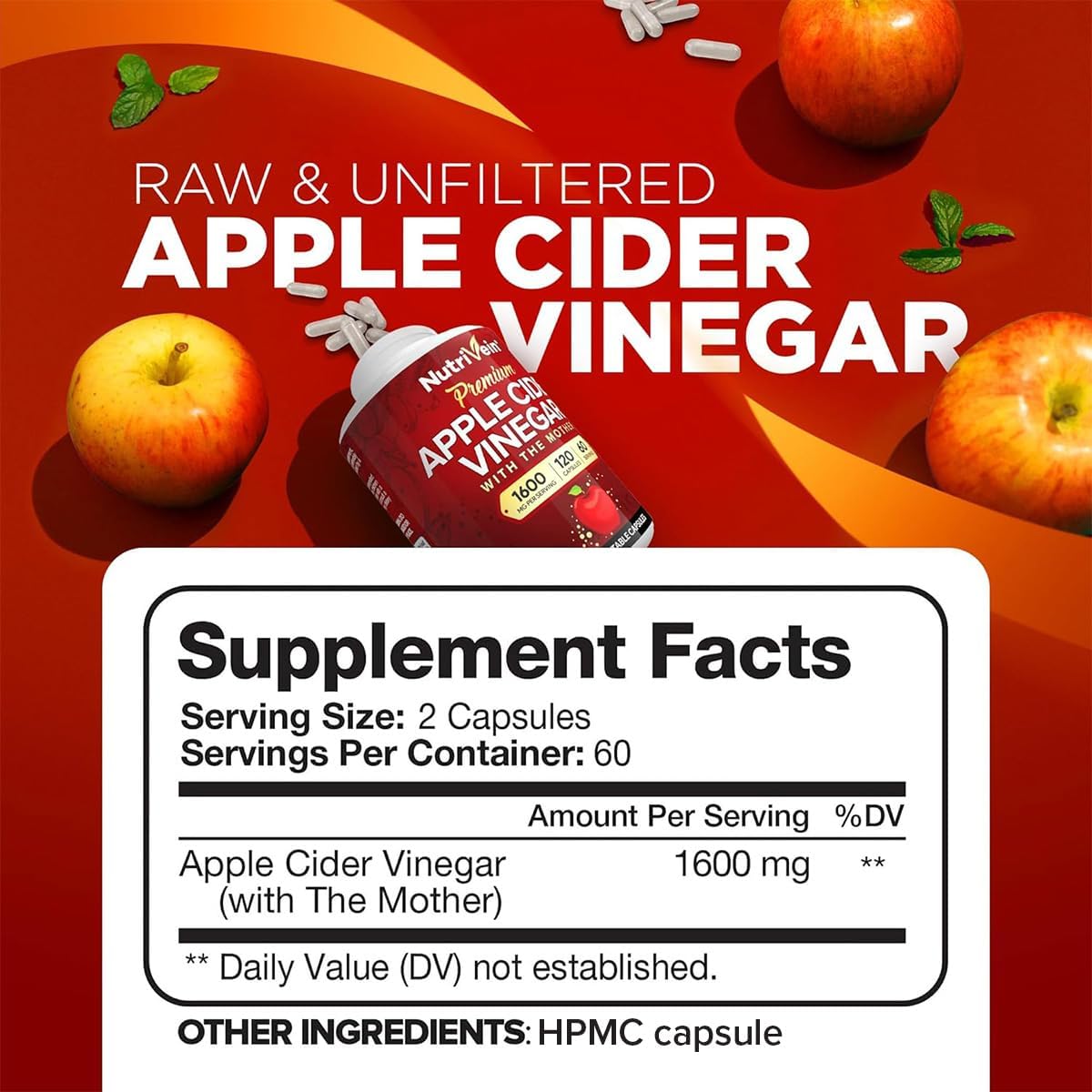 Nutrivein Premium Apple Cider Vinegar Digestion, Keto, Cleansing, and Balanced 1600 mg – 120 Caps