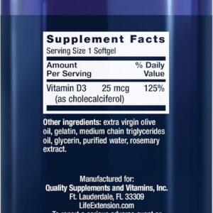Life Extension Vitamin D3 1000 IU Immune System Support Bone Health 250 Softgels