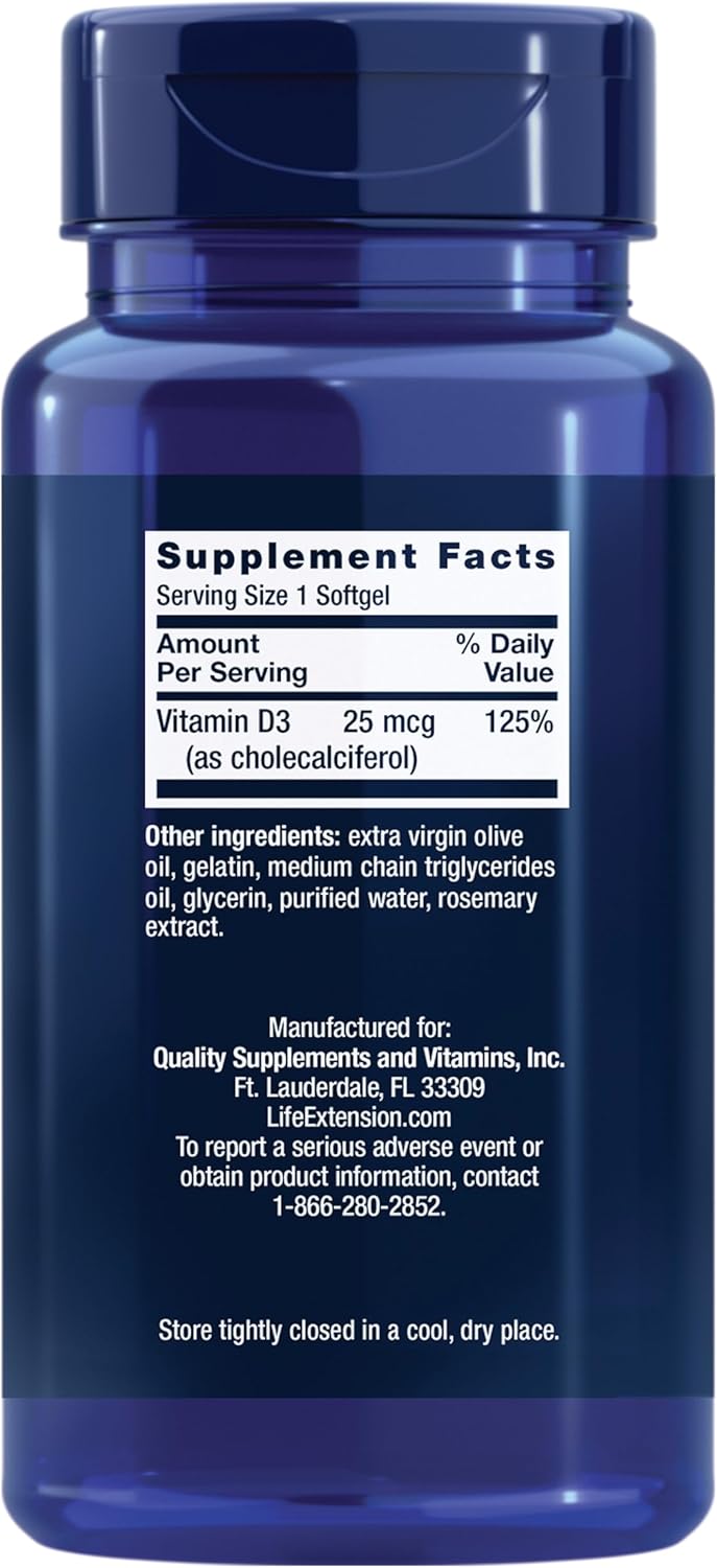 Life Extension Vitamin D3 1000 IU Immune System Support Bone Health 250 Softgels - Görsel 2