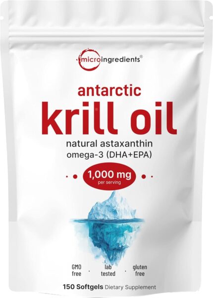 Micro Ingredients Antarctic Krill Oil Astaxanthin Omega-3s EPA & DHA 1000mg 150 Soft-Gels