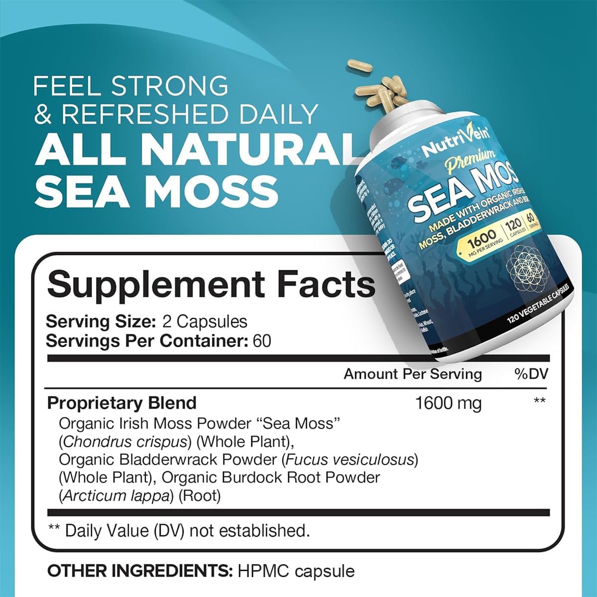 Nutrivein Sea Moss Bladderwrack Burdock Prebiotic Immune Digestive Thyroid,Skin Keto Detox Gut Joint - Görsel 3