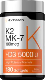 Horbäach Vitamin D3 K2 5000 iu 100mcg MK-7 Complex 180 Softgel