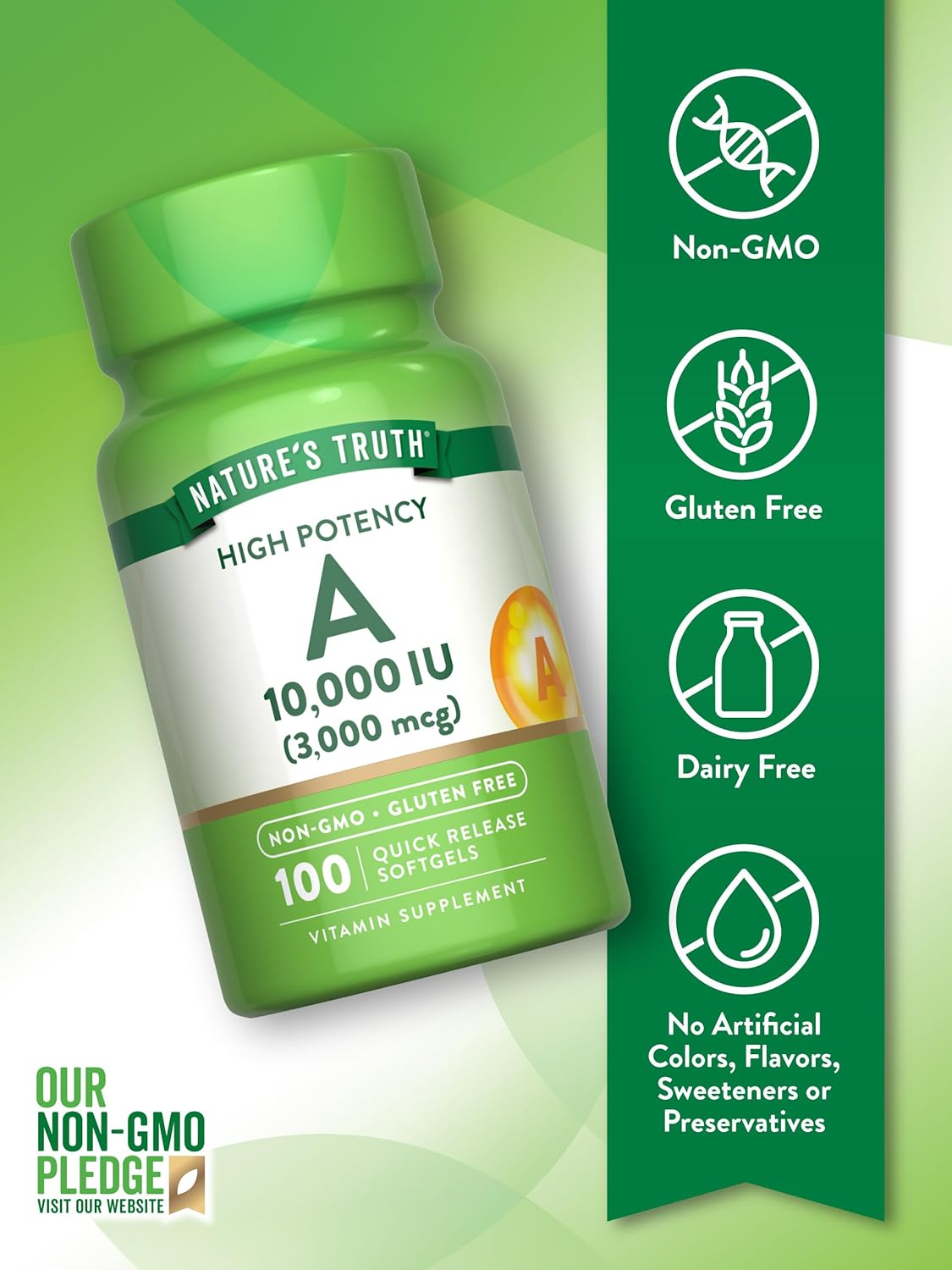 Nature's Truth, Vitamin A, High Potency, 10,000 IU (3,000 mcg), 100 Quick Softgels - Görsel 3
