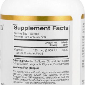California Gold Nutrition, Vitamin D3, 5,000IU, Cholecalciferol from Lanolin, 125 mcg, 360 Fish Gelatin Softgels