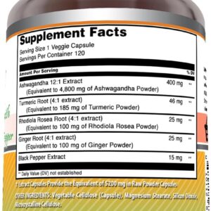 Amazing Formulas Ashwagandha Turmeric, Ginger, Rhodioa, & Black Pepper 5200 Mg Per Serving 120 Veggie Caps