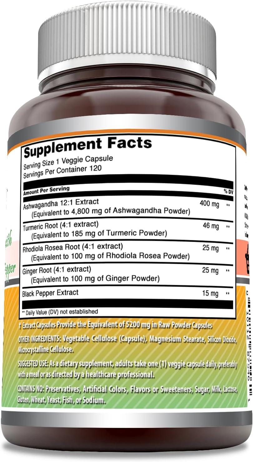 Amazing Formulas Ashwagandha Turmeric, Ginger, Rhodioa, & Black Pepper 5200 Mg Per Serving 120 Veggie Caps - Görsel 2