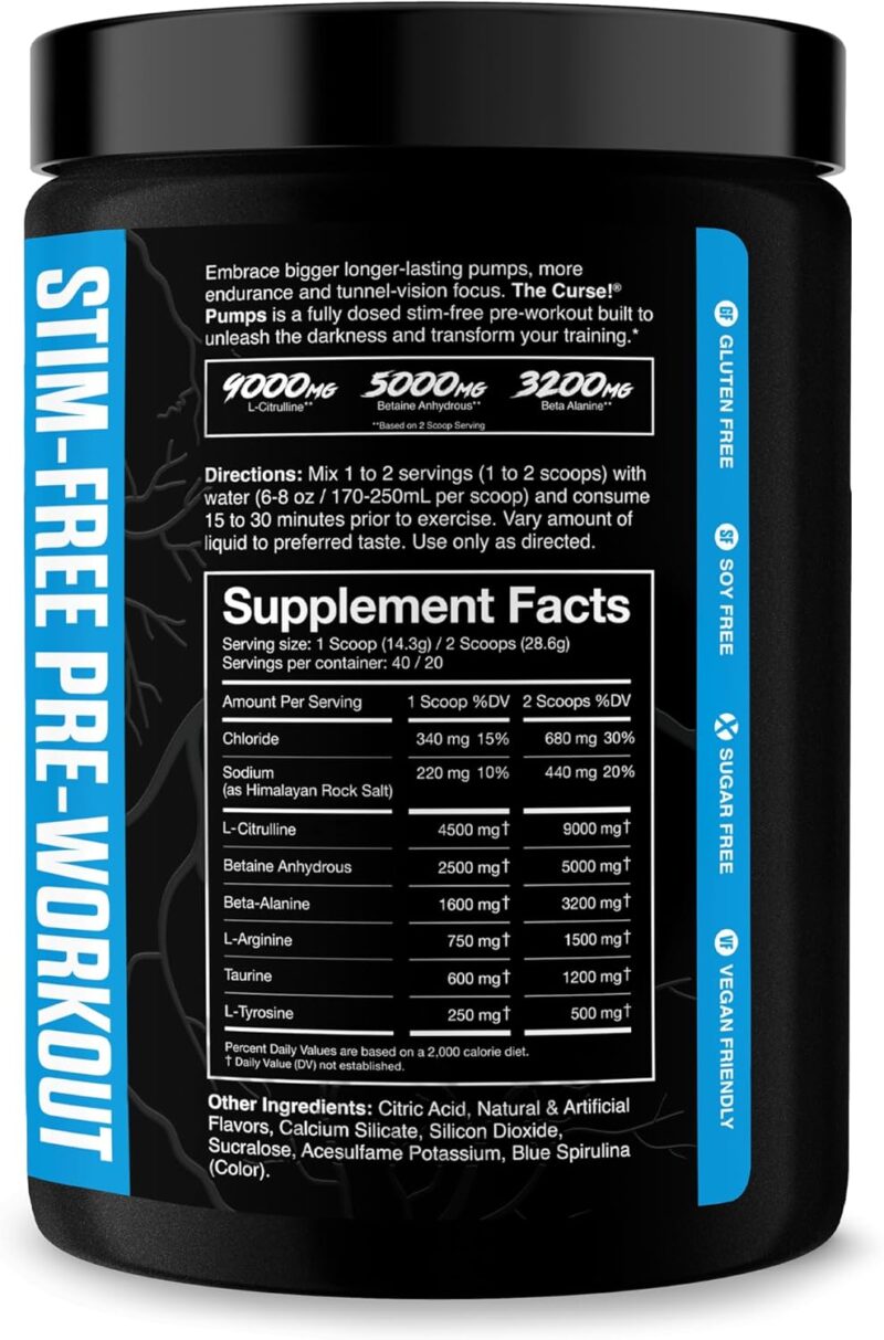 JNX SPORTS The Curse Pump Stim-Free PreWorkout Caffeine Free Nitric Oxide Booster Blue Raspberry, 40 Servings - Görsel 3