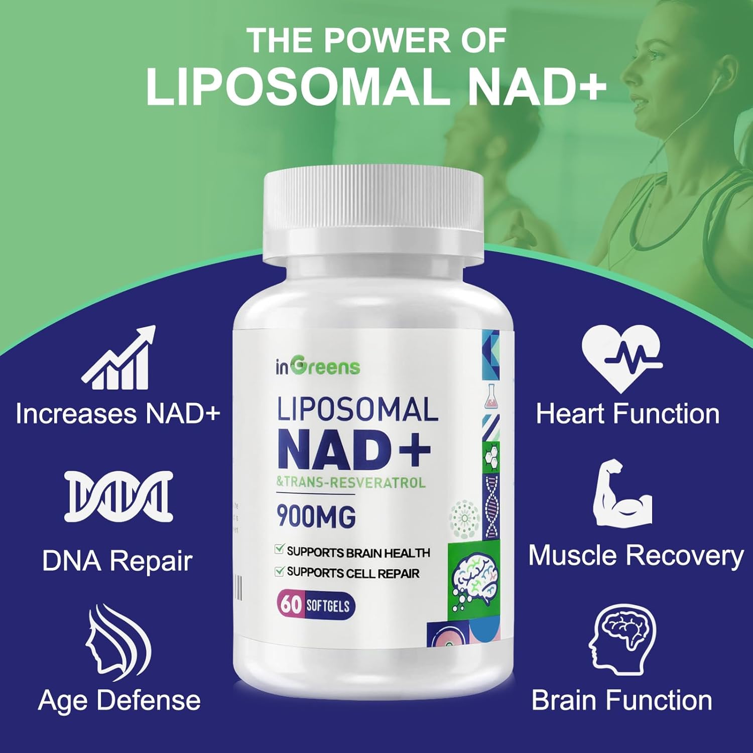 inGreens Liposomal NAD+ 900 mg Trans Resveratrol NMN Aging Defense, Energy, Longevity 60 Softgels - Görsel 3