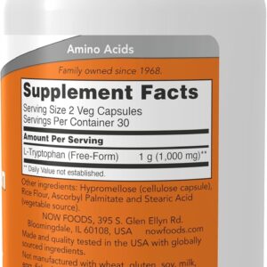 NOW Foods L-Tryptophan 500 mg Encourages Positive Mood Supports Relaxation 60 Veg Caps
