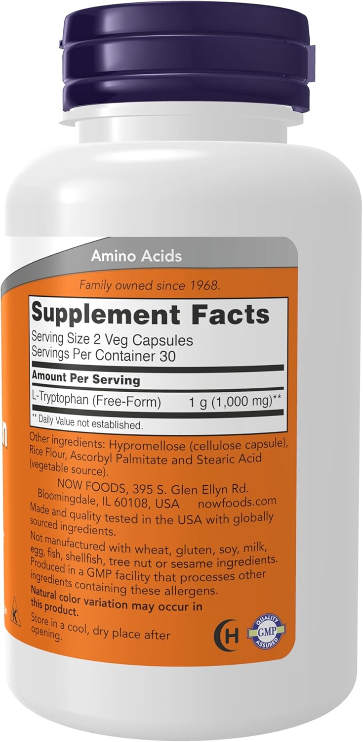 NOW Foods L-Tryptophan 500 mg Encourages Positive Mood Supports Relaxation 60 Veg Caps - Görsel 2