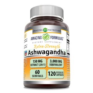 Amazing Formulas Ashwagandha Hint Ginseng Extract Supplement | 3000 Mg Per Serving | 120 Veggie Caps