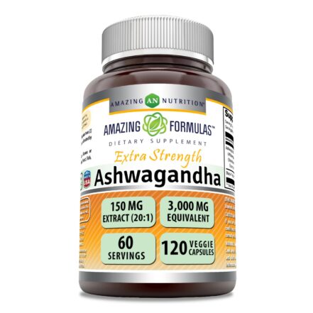 Amazing Formulas Ashwagandha Hint Ginseng Extract Supplement | 3000 Mg Per Serving | 120 Veggie Caps