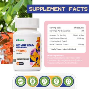 inGreens Red Vine Leaf Extract 1700mg & Horse Chestnut Extract Supports Vein Skin Health 60 Caps - Görsel 2
