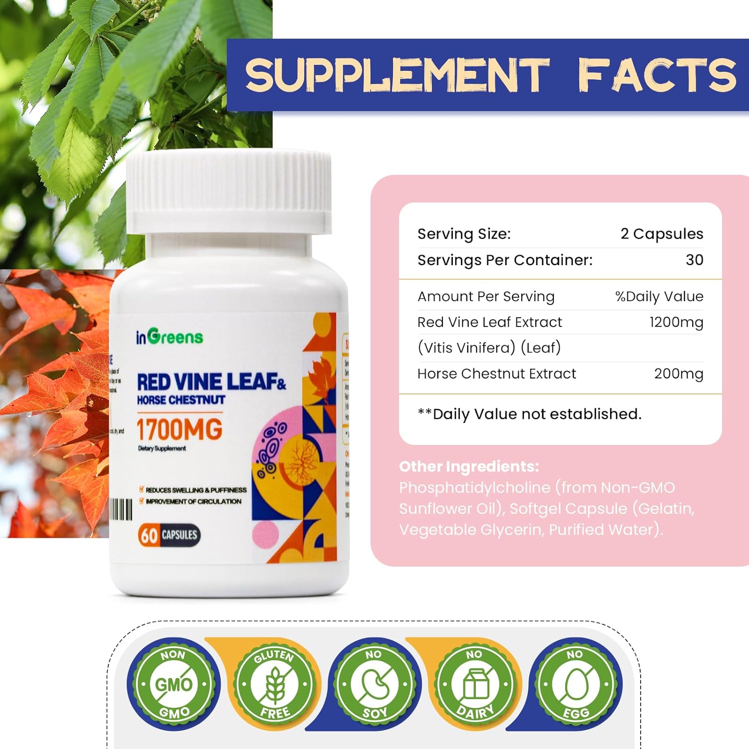 inGreens Red Vine Leaf Extract 1700mg & Horse Chestnut Extract Supports Vein Skin Health 60 Caps
