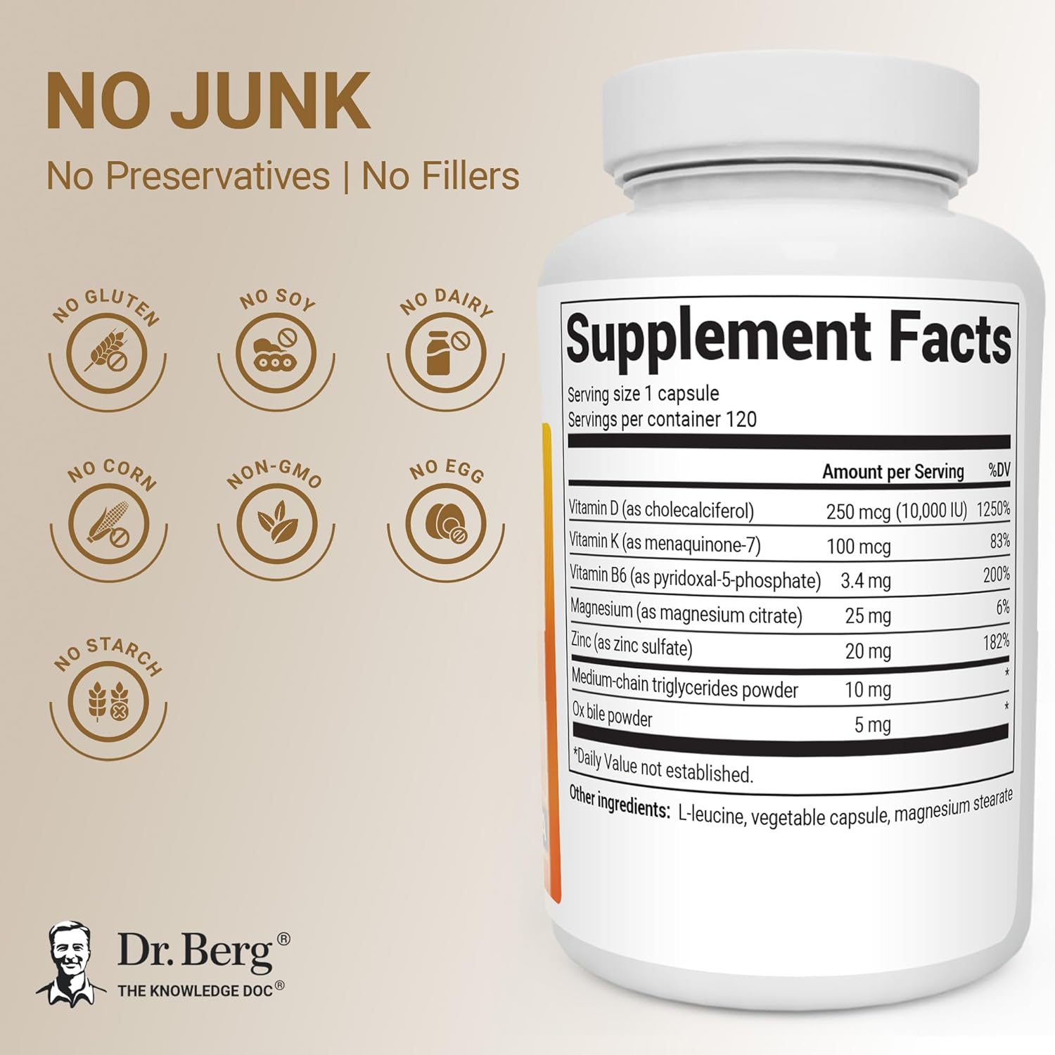 Dr. Berg Maximum Strength 7-in-1 Vitamin D3 K2 Zinc 10,000 IU 120 Caps - Görsel 3