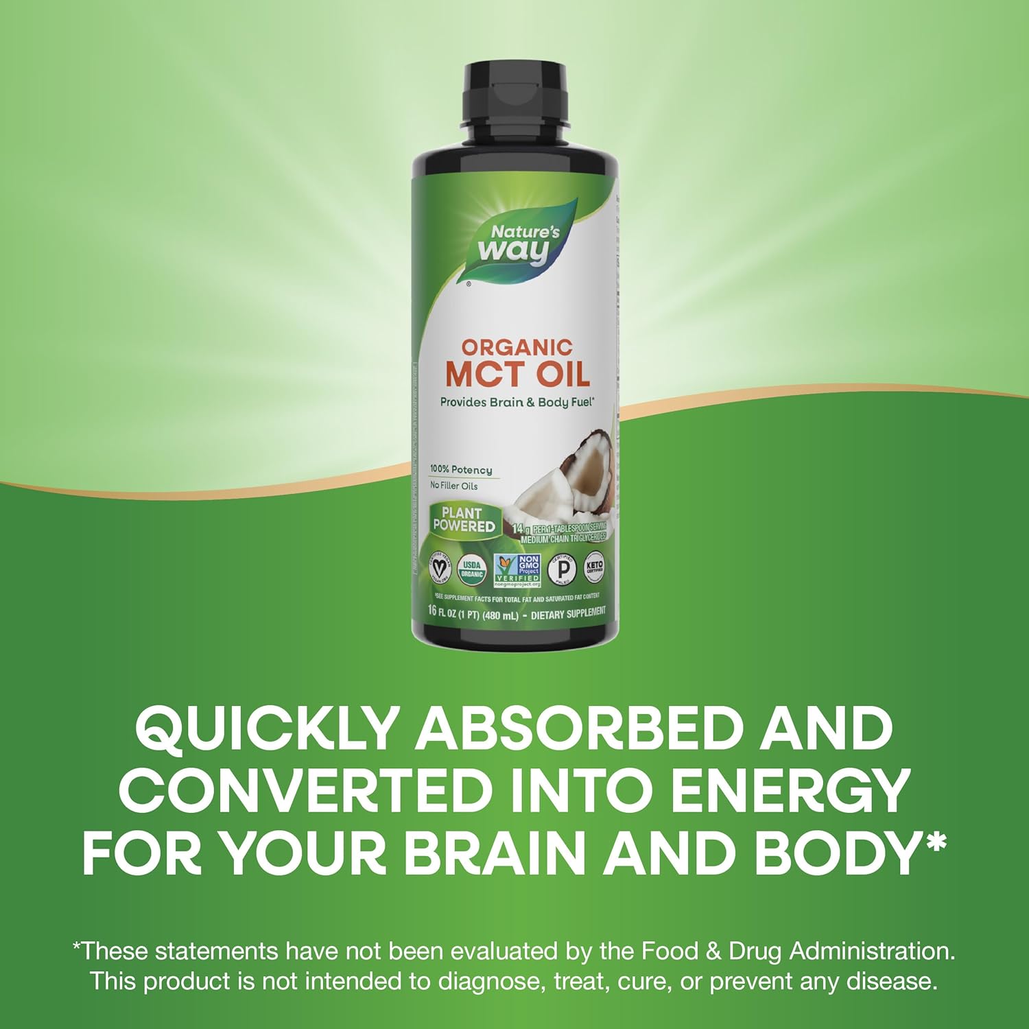 Nature’s Way Organic MCT Oil Brain and Body Fuel from Coconuts C8 Caprylic Acid Keto