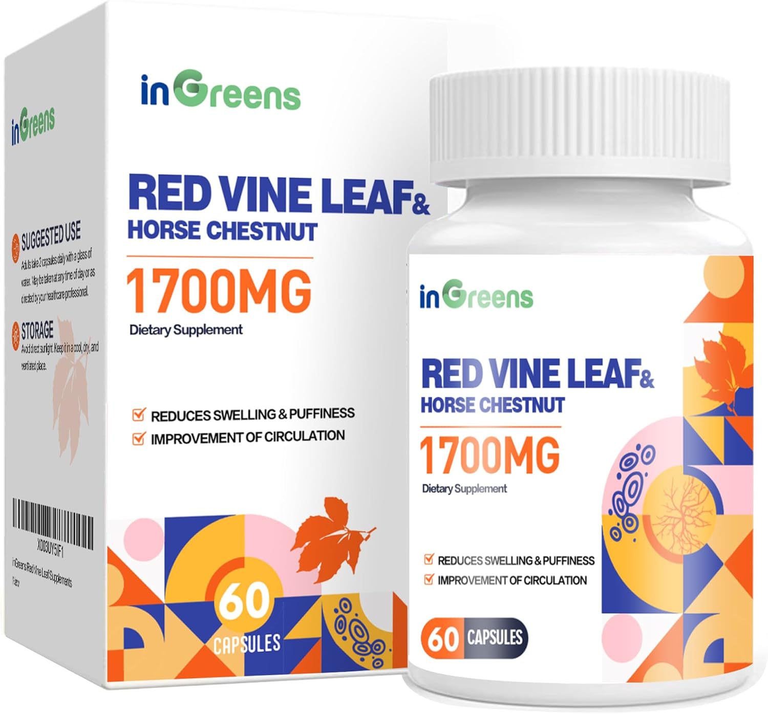 inGreens Red Vine Leaf Extract 1700mg & Horse Chestnut Extract Supports Vein Skin Health 60 Caps