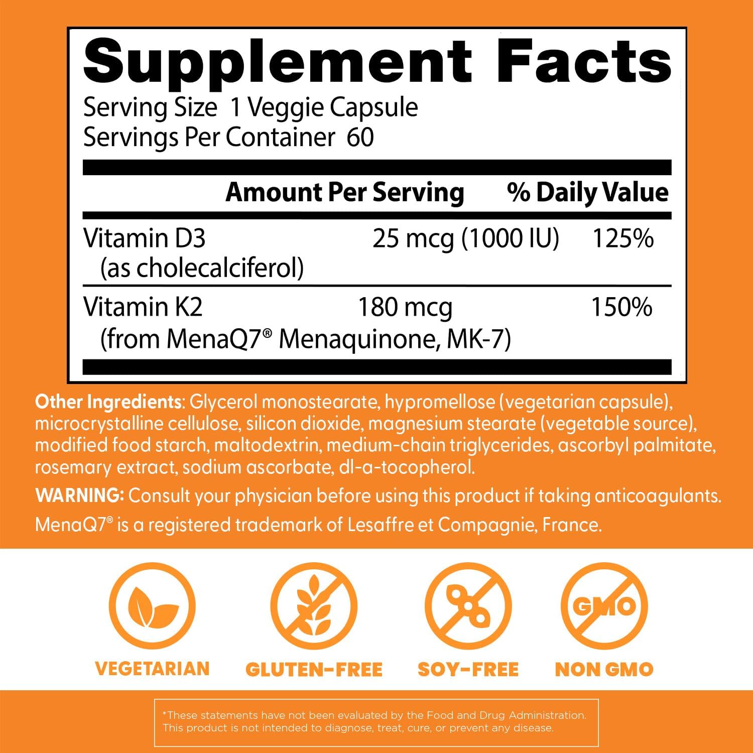 Doctor’s Best Natural Vitamin K2 MK-7 Plus D3 180 mcg 60 Veggie Caps