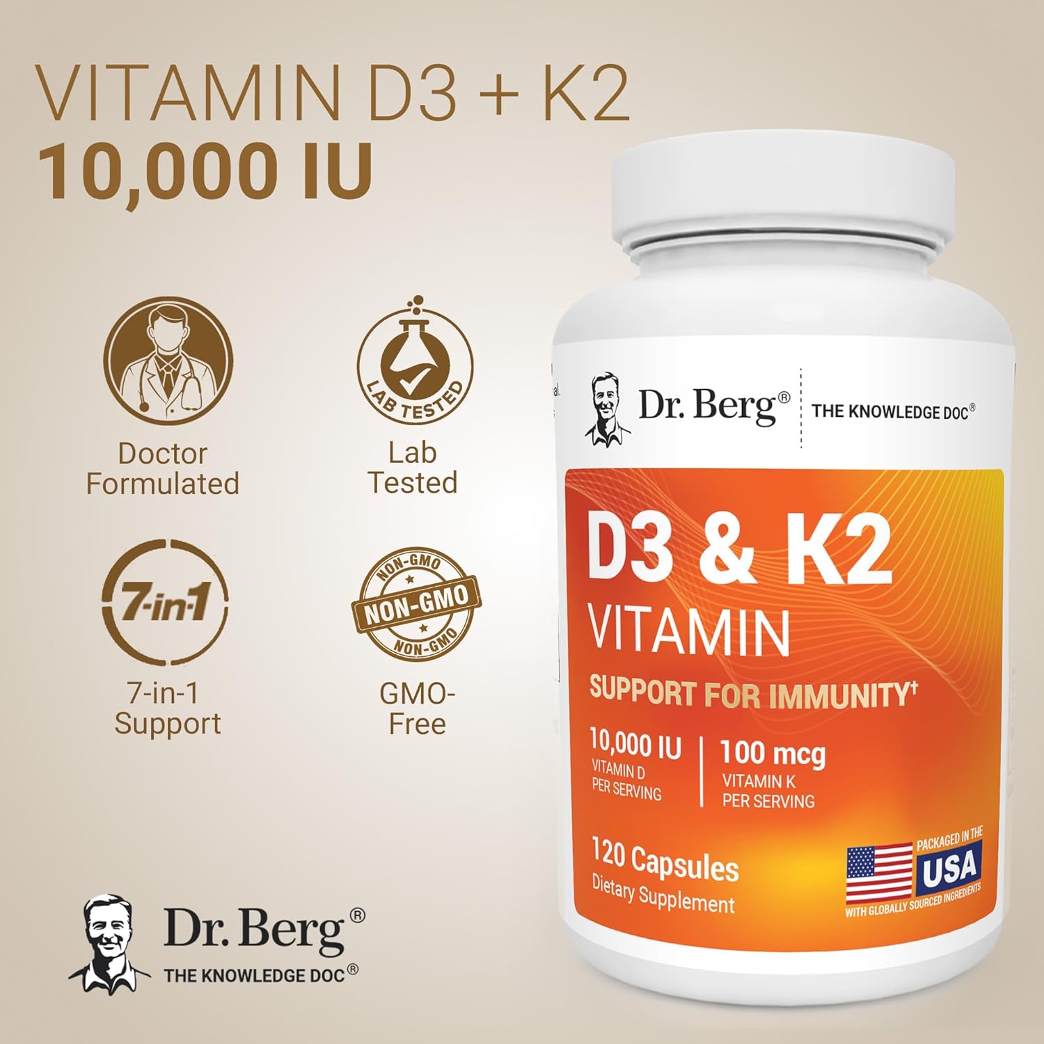 Dr. Berg Maximum Strength 7-in-1 Vitamin D3 K2 Zinc 10,000 IU 120 Caps