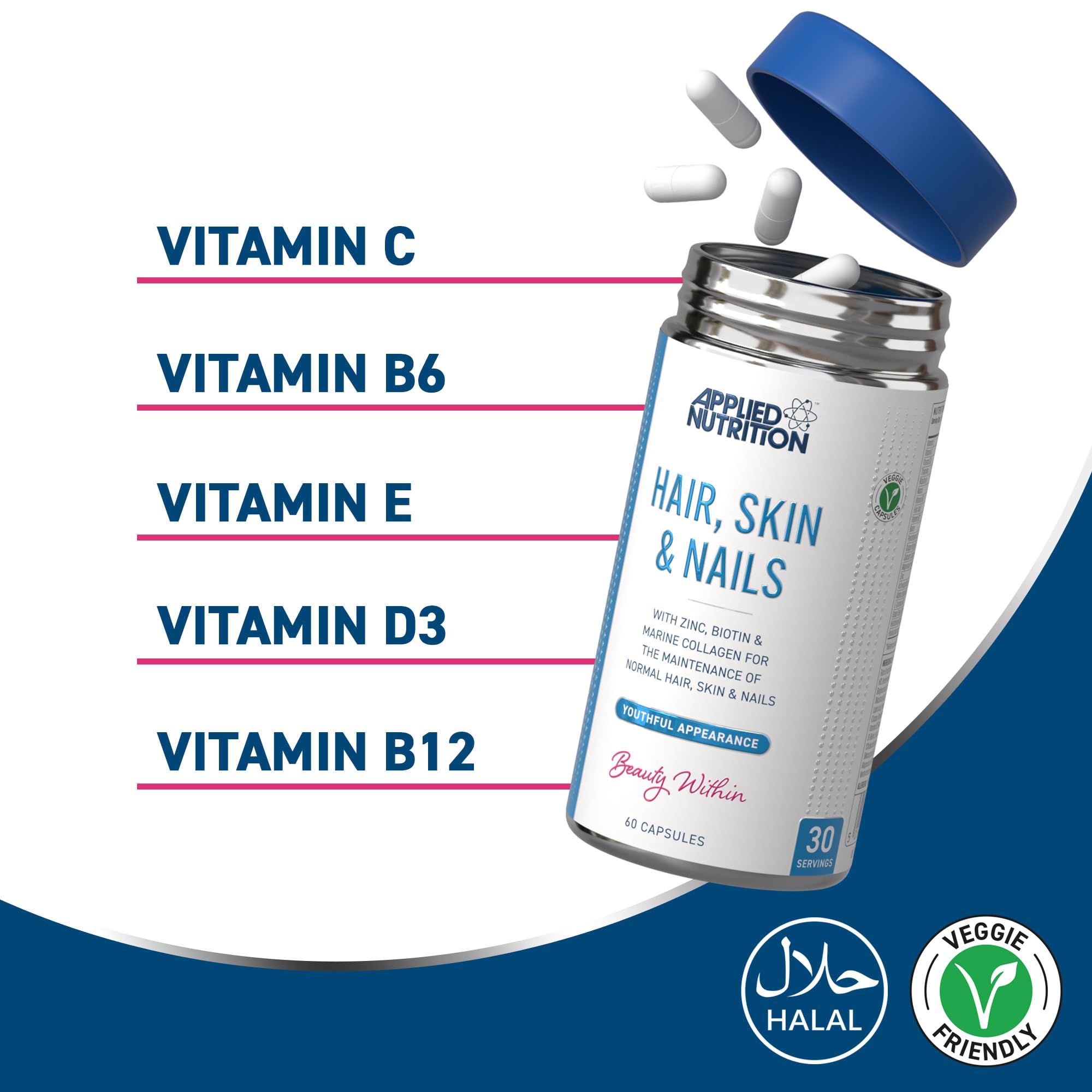 Applied Nutrition Hair, Skin & Nails, (BİOTİN+B12+MAGNESİUM OXİD+GRAPE+COLLAGEN+FOLİC ACİD 60 Caps - Görsel 3