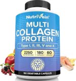 Nutrivein Premium Multi Collagen 2250 mg - 180 Women and Men -Aging,Joints,Hair,Skin,Bones,Nails