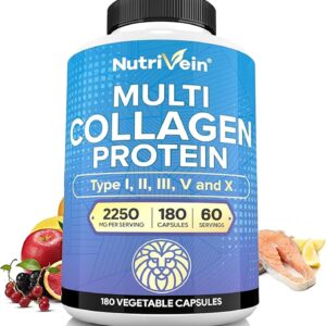 Nutrivein Premium Multi Collagen 2250 mg - 180 Women and Men -Aging,Joints,Hair,Skin,Bones,Nails
